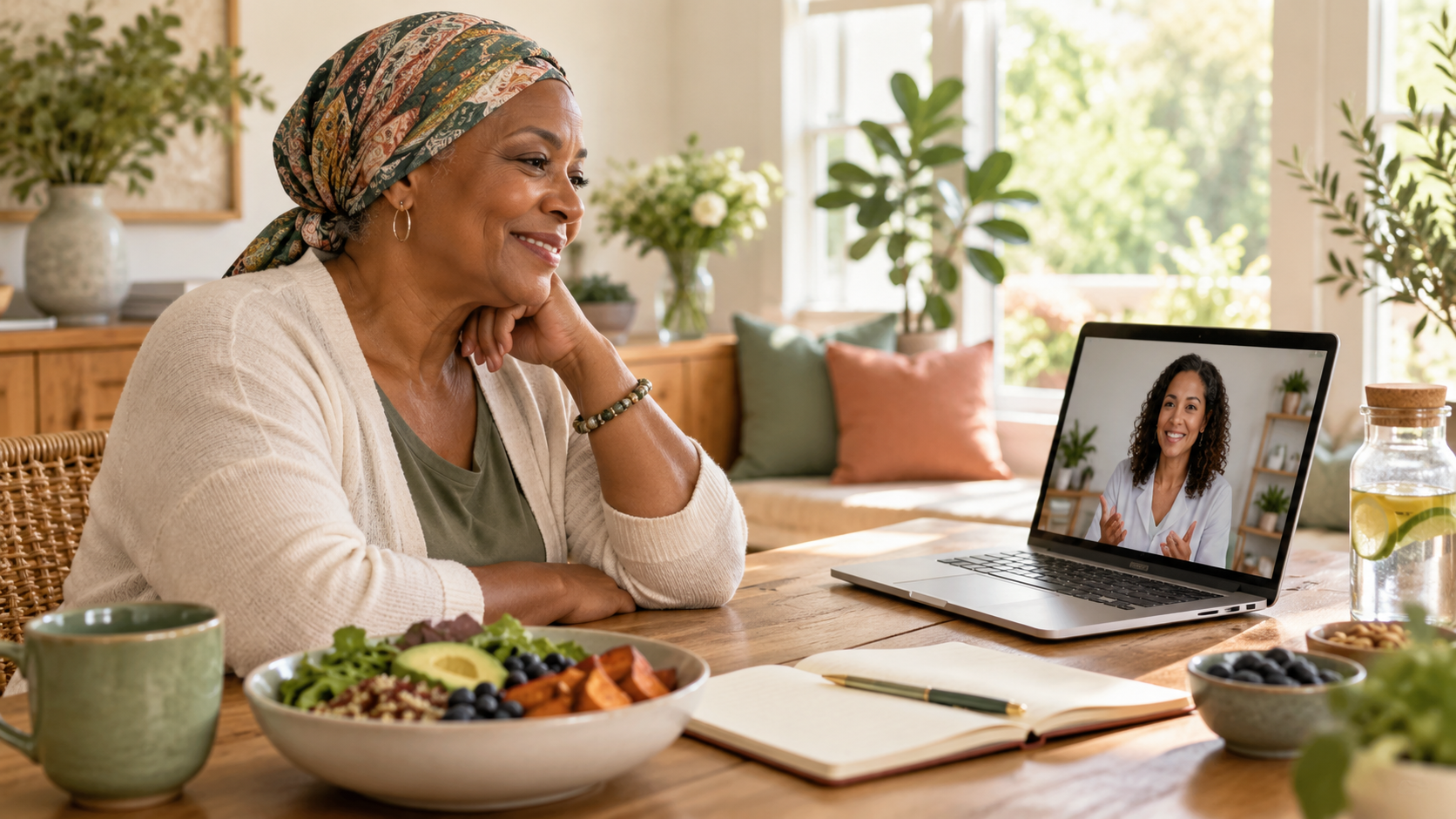Woman receiving virtual post-cancer wellness support