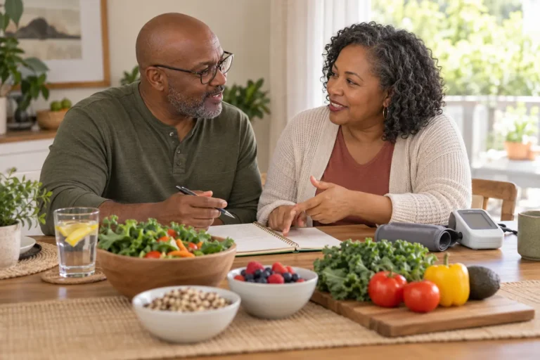 Man and woman discussing wellness support for blood sugar blood pressure and cholesterol
