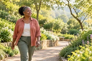 Black woman walking outdoors during restorative post-cancer wellness support