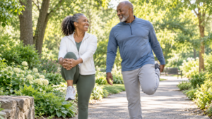 Black couple walking outdoors as part of a whole-person wellness lifestyle