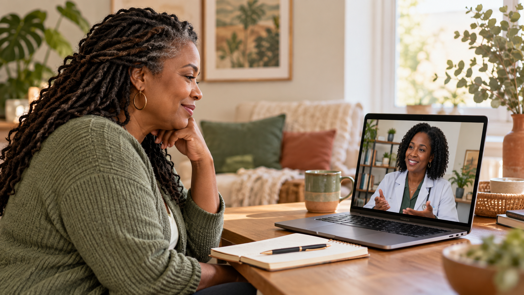 Woman receiving virtual wellness support for stress mood and energy