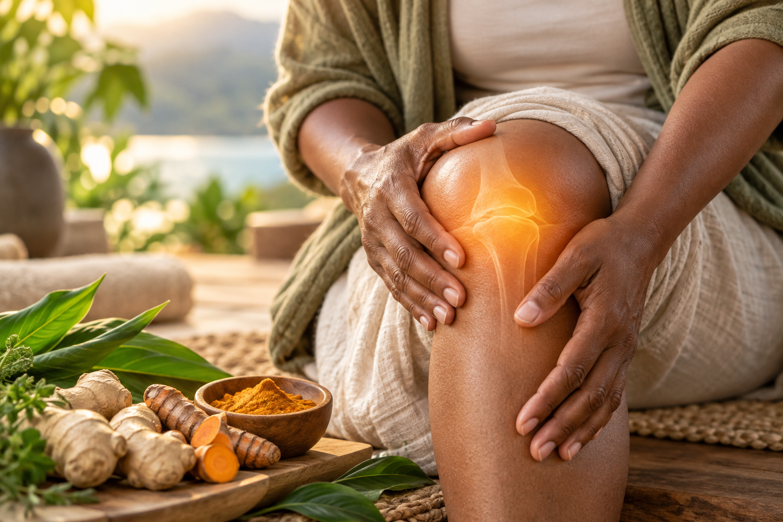 Black adult supporting a painful knee with a subtle illustration of joint inflammation beside ginger and turmeric