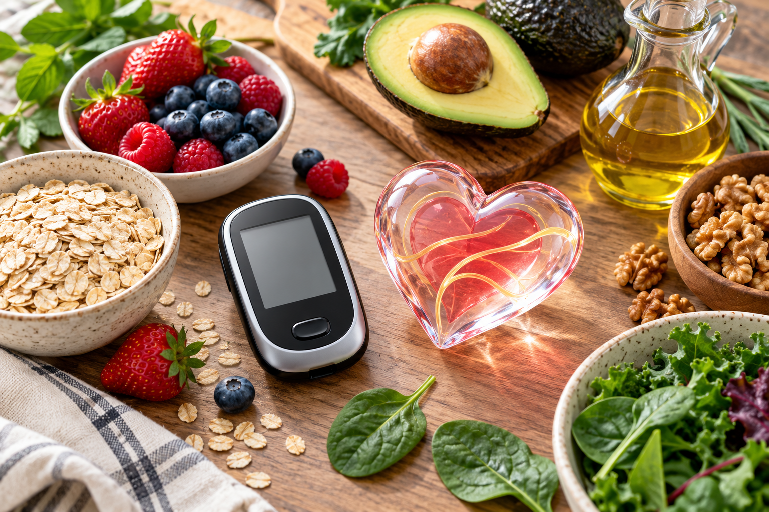 Glucose meter, heart symbol and whole foods illustrating the connection between blood sugar and cholesterol