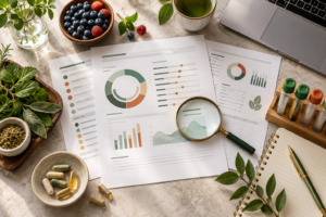Functional laboratory reports, specimen tubes, herbs, berries and a laptop arranged for personalized wellness planning