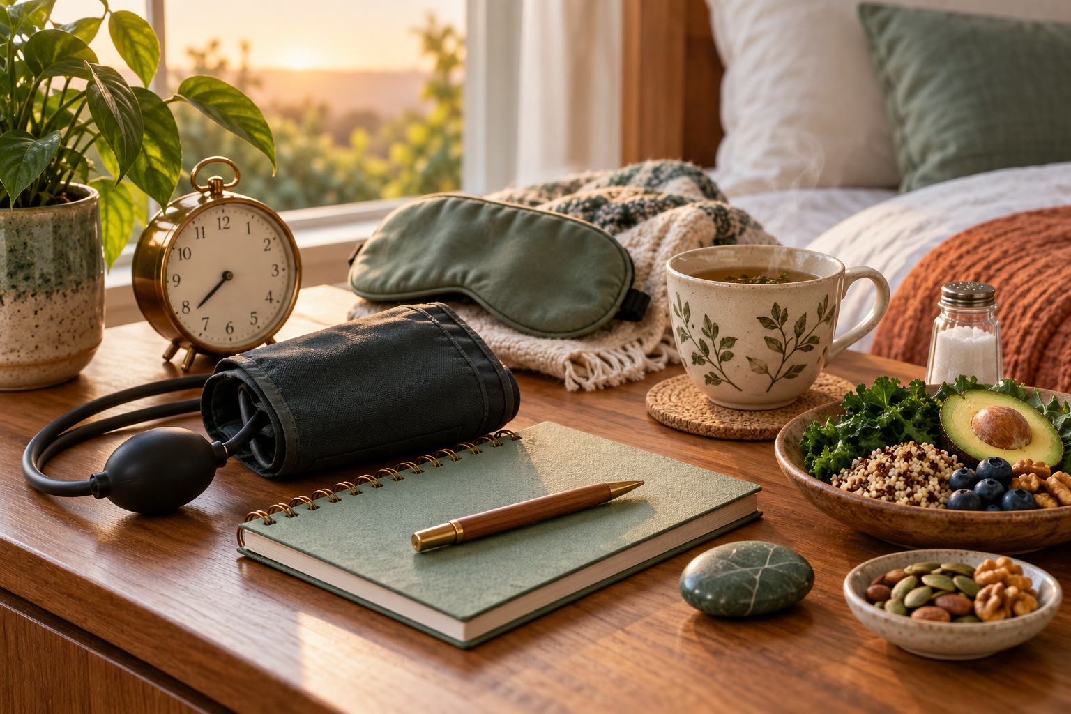 Blood pressure cuff, sleep mask, clock, journal and whole foods illustrating influences on blood pressure beyond salt